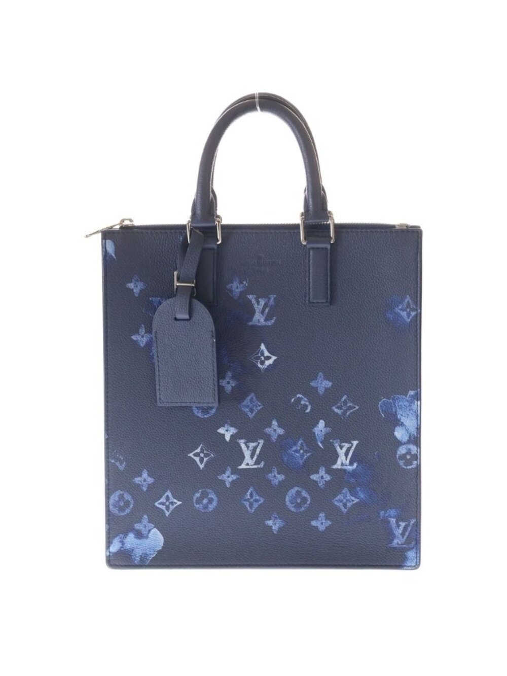 Louis Vuitton Water Monogram Sac Plat Messenger Tote Bag Navy Leather Silver